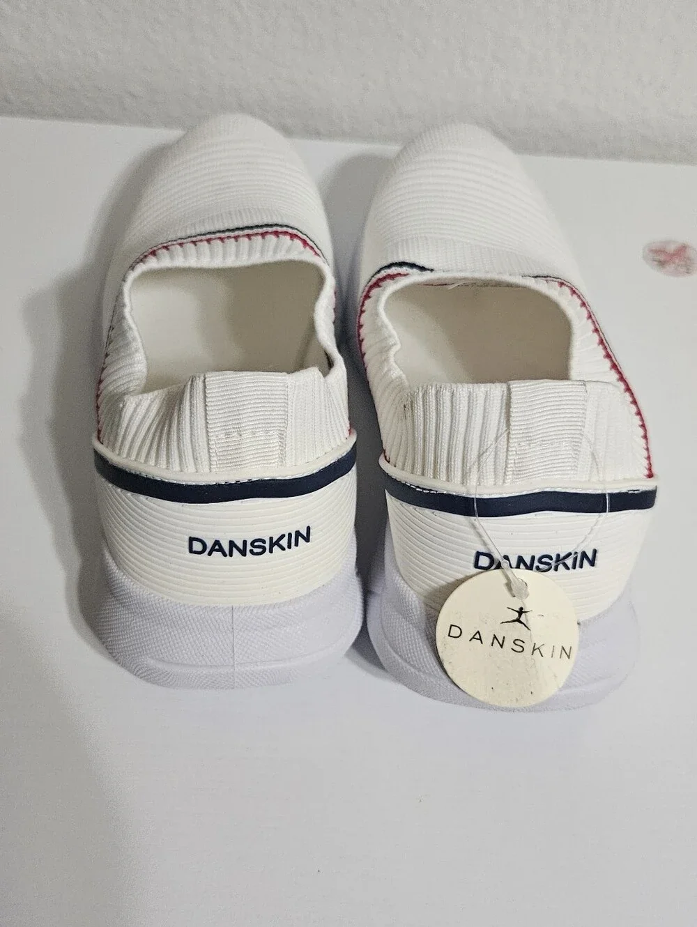 Danskin White Slip-On Knit Sneakers with Red & Navy Stripes